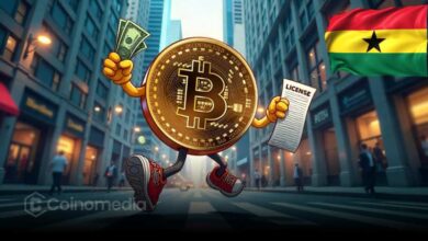 Ghana parliament building with crypto symbols overlay