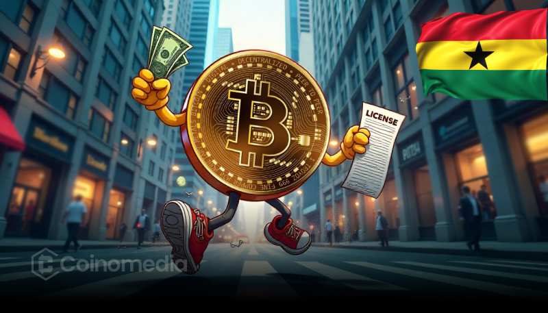 Ghana parliament building with crypto symbols overlay