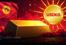Digital token labeled USDKG with a background of gold bars representing its physical gold backing.