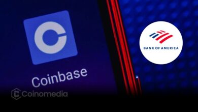 Bank of America and Coinbase logos with bullish stock chart in background