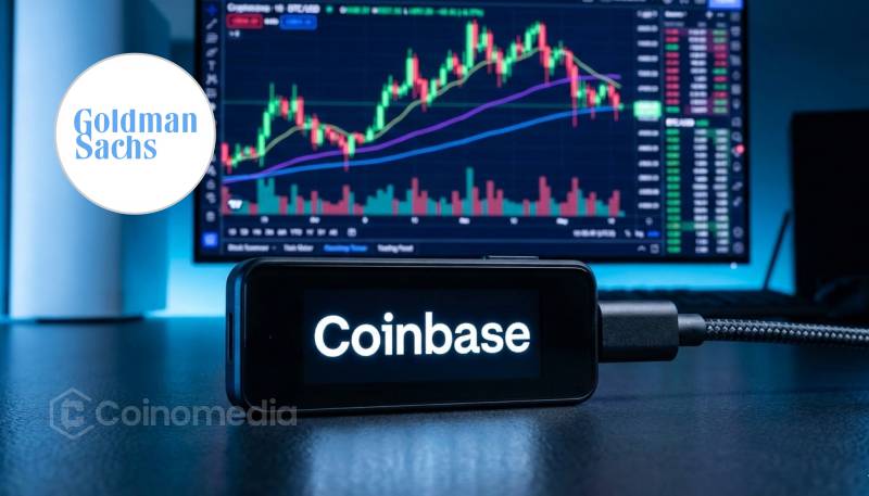 Coinbase stock chart rising with Goldman Sachs logo and crypto icons in background.