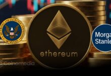 Morgan Stanley logo with Ethereum symbol in front of SEC building