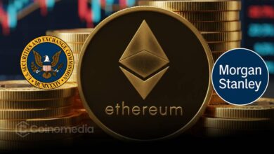 Morgan Stanley logo with Ethereum symbol in front of SEC building