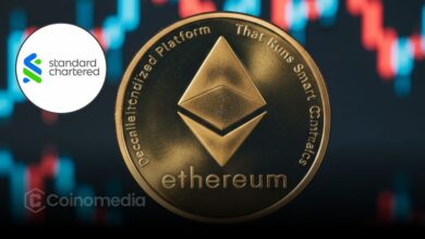 Ethereum token with price trend lines representing Standard Chartered ETH forecast through 2030.