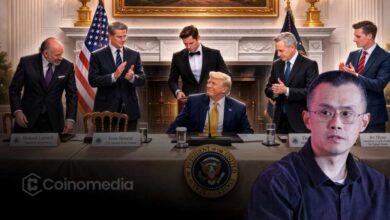 Changpeng Zhao crypto summit event at Mar-a-Lago with finance and political leaders in February 2026.