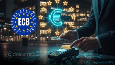 Digital Euro concept showing European Central Bank building and digital euro currency illustration