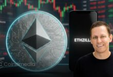 Peter Thiel Ethereum Exit update featuring Peter Thiel portrait, Ethereum logo, and crypto market volatility chart.