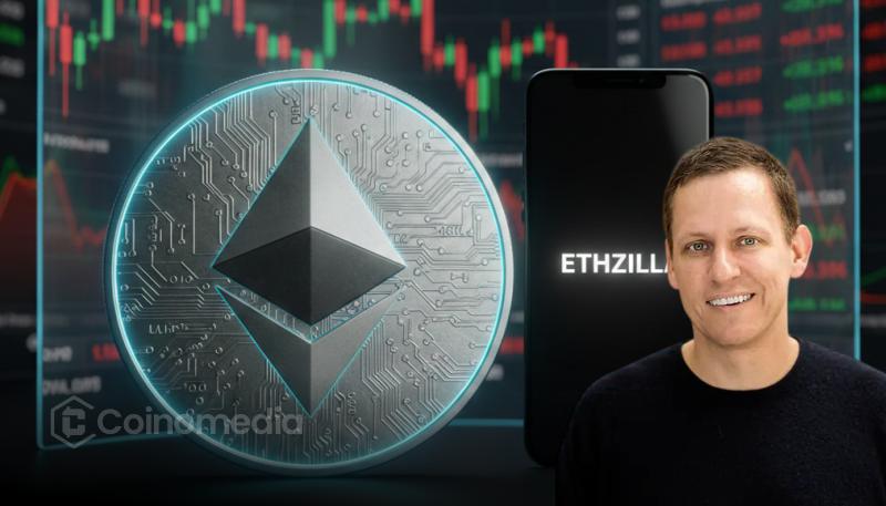 Peter Thiel Ethereum Exit update featuring Peter Thiel portrait, Ethereum logo, and crypto market volatility chart.