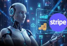 Illustration of Stripe blockchain AI agents concept showing high-speed blockchain transactions powering autonomous AI systems.