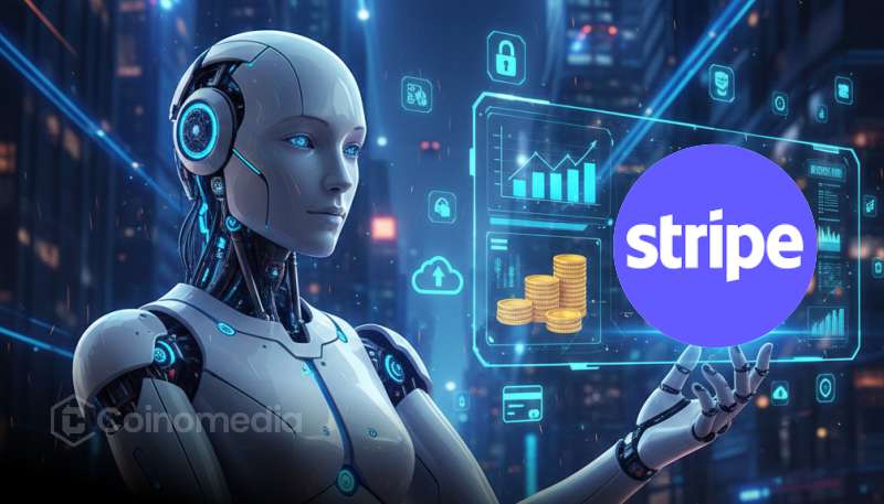 Illustration of Stripe blockchain AI agents concept showing high-speed blockchain transactions powering autonomous AI systems.