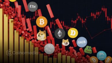 Crypto market cap chart showing a sharp decline as Bitcoin tests the $70,000 support level.