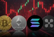 Spot ETF outflows chart showing Bitcoin, Ethereum, and XRP funds in red on April 1