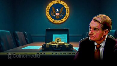 SEC crypto enforcement shift illustration showing a regulator reviewing digital asset rules and crypto market documents.