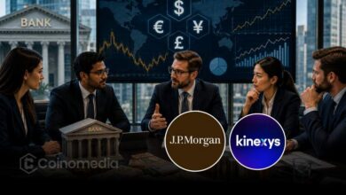 Graphic illustrating JPMorgan's Kinexys platform expanding to support eight global currencies for blockchain-based payments.