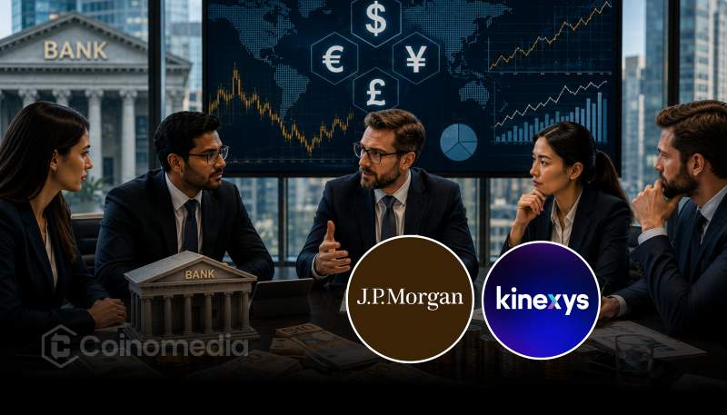Graphic illustrating JPMorgan's Kinexys platform expanding to support eight global currencies for blockchain-based payments.