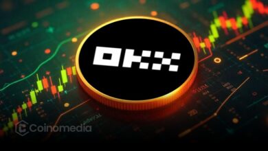 Illustration of the OKX AI marketplace where autonomous AI agents work, transact, and build onchain reputation.