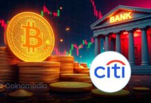 Graphic showing Citi lowering its 12-month Bitcoin price forecast to $82,000 as crypto ETF flows turn negative.