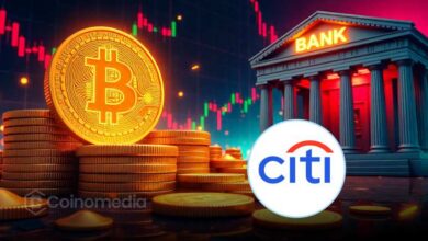 Graphic showing Citi lowering its 12-month Bitcoin price forecast to $82,000 as crypto ETF flows turn negative.