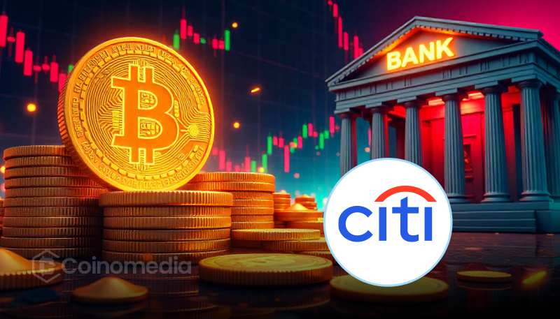 Graphic showing Citi lowering its 12-month Bitcoin price forecast to $82,000 as crypto ETF flows turn negative.