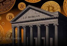 Graphic illustrating JPMorgan's view that permissioned blockchain adoption poses a greater long-term risk to Bitcoin than large corporate BTC sales.