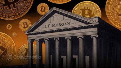 Graphic illustrating JPMorgan's view that permissioned blockchain adoption poses a greater long-term risk to Bitcoin than large corporate BTC sales.