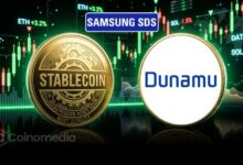Concept image showing Samsung SDS and Dunamu exploring stablecoin payments and AI-powered financial services on a blockchain network.