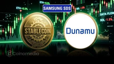 Concept image showing Samsung SDS and Dunamu exploring stablecoin payments and AI-powered financial services on a blockchain network.