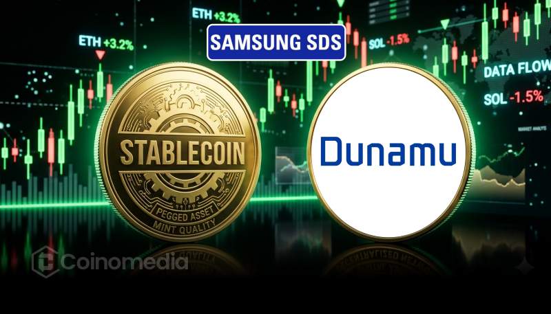 Concept image showing Samsung SDS and Dunamu exploring stablecoin payments and AI-powered financial services on a blockchain network.