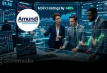 Illustration showing Amundi increasing its MicroStrategy (MSTR) holdings by 148% to 1.32 million shares, reflecting growing institutional exposure to Bitcoin-linked equities.