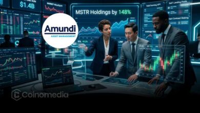 Illustration showing Amundi increasing its MicroStrategy (MSTR) holdings by 148% to 1.32 million shares, reflecting growing institutional exposure to Bitcoin-linked equities.