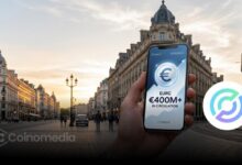 Illustration of Circle's EURC stablecoin surpassing €400 million in circulation, highlighting the token's supply doubling over the past year.