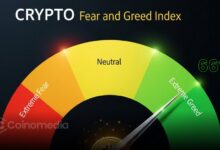 Illustration of the Crypto Fear and Greed Index rising from 46 to 62, highlighting the market's shift into the "Greed" zone and improving investor sentiment.