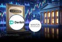 Illustration of Deribit receiving a Broker-Dealer Licence from Dubai's VARA, highlighting direct spot order routing to Coinbase Exchange and expanded trading capabilities.