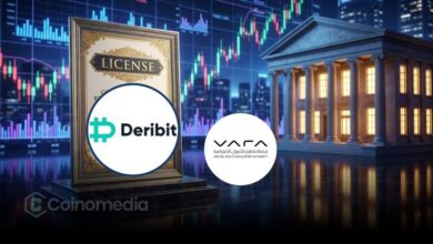 Illustration of Deribit receiving a Broker-Dealer Licence from Dubai's VARA, highlighting direct spot order routing to Coinbase Exchange and expanded trading capabilities.