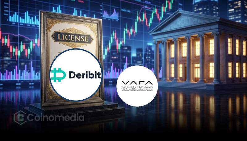 Illustration of Deribit receiving a Broker-Dealer Licence from Dubai's VARA, highlighting direct spot order routing to Coinbase Exchange and expanded trading capabilities.