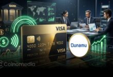 Illustration of Dunamu and Visa announcing a strategic partnership to explore stablecoin payments, global remittances, AI-driven financial services, and potential OUSD-based payment solutions.