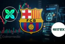 Illustration of Barça Mobile, Wirex, Crossmint, and Stellar collaborating to build an in-app digital wallet for FC Barcelona's official mobile platform.