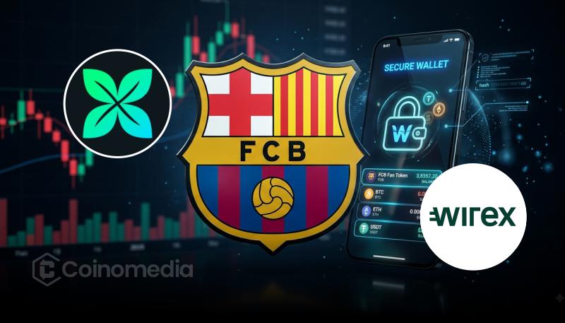 Illustration of Barça Mobile, Wirex, Crossmint, and Stellar collaborating to build an in-app digital wallet for FC Barcelona's official mobile platform.