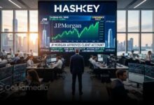 Illustration of HashKey and JPMorgan logos connected by a banking network, representing approval for a client money account supporting regulated crypto services.