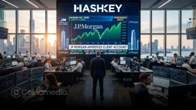 Illustration of HashKey and JPMorgan logos connected by a banking network, representing approval for a client money account supporting regulated crypto services.