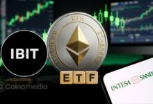 Illustration showing Intesa Sanpaolo reducing its Bitcoin ETF holdings while increasing its investment in a staked Ethereum ETF during the second quarter.