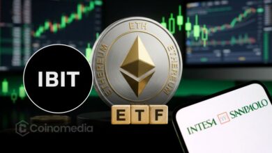 Illustration showing Intesa Sanpaolo reducing its Bitcoin ETF holdings while increasing its investment in a staked Ethereum ETF during the second quarter.