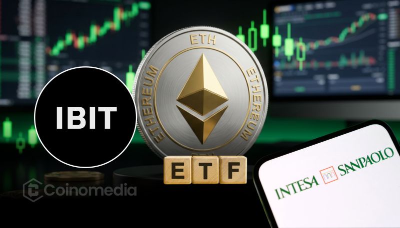 Illustration showing Intesa Sanpaolo reducing its Bitcoin ETF holdings while increasing its investment in a staked Ethereum ETF during the second quarter.