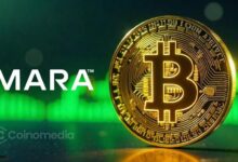 Illustration of MARA's Bitcoin treasury showing 23,093 BTC sold for $1.6 billion in the first half of 2026 while retaining 35,577 BTC worth approximately $2.3 billion.