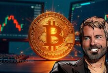 Illustration of Michael Saylor with a Bitcoin symbol, highlighting his statement that he has never sold a single satoshi of his personal Bitcoin.