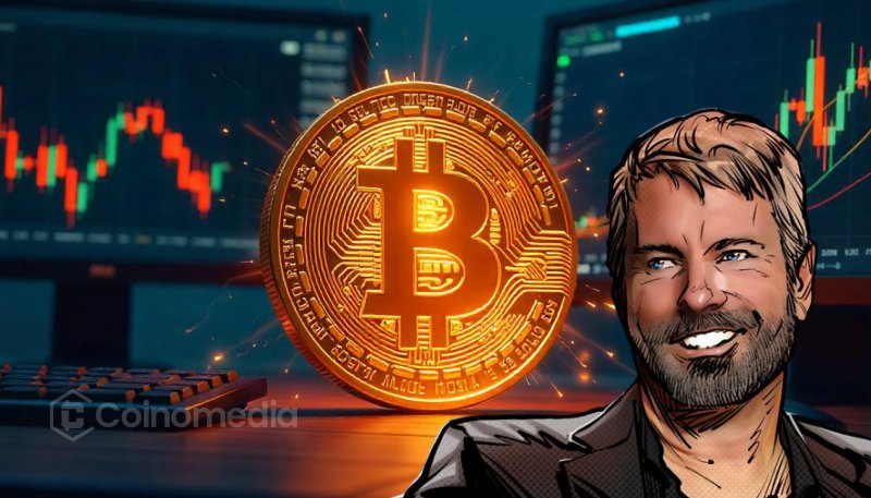 Illustration of Michael Saylor with a Bitcoin symbol, highlighting his statement that he has never sold a single satoshi of his personal Bitcoin.