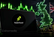 Illustration of the Robinhood app with cryptocurrency icons and a UK flag, representing the launch of Robinhood's crypto trading services in the United Kingdom.