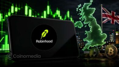 Illustration of the Robinhood app with cryptocurrency icons and a UK flag, representing the launch of Robinhood's crypto trading services in the United Kingdom.