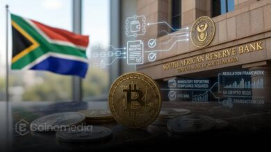 Illustration of cross-border cryptocurrency transfers with South Africa's flag, representing proposed reporting rules for offshore exchanges and non-custodial wallets.