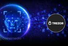 Illustration of a Trezor hardware wallet with cybersecurity warning symbols, highlighting a third-party shipping provider data breach that exposed customer information while wallet systems remained secure.
